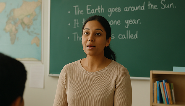 Teacher supporting ELL students with multilingual subtitles using AI video tools for teachers